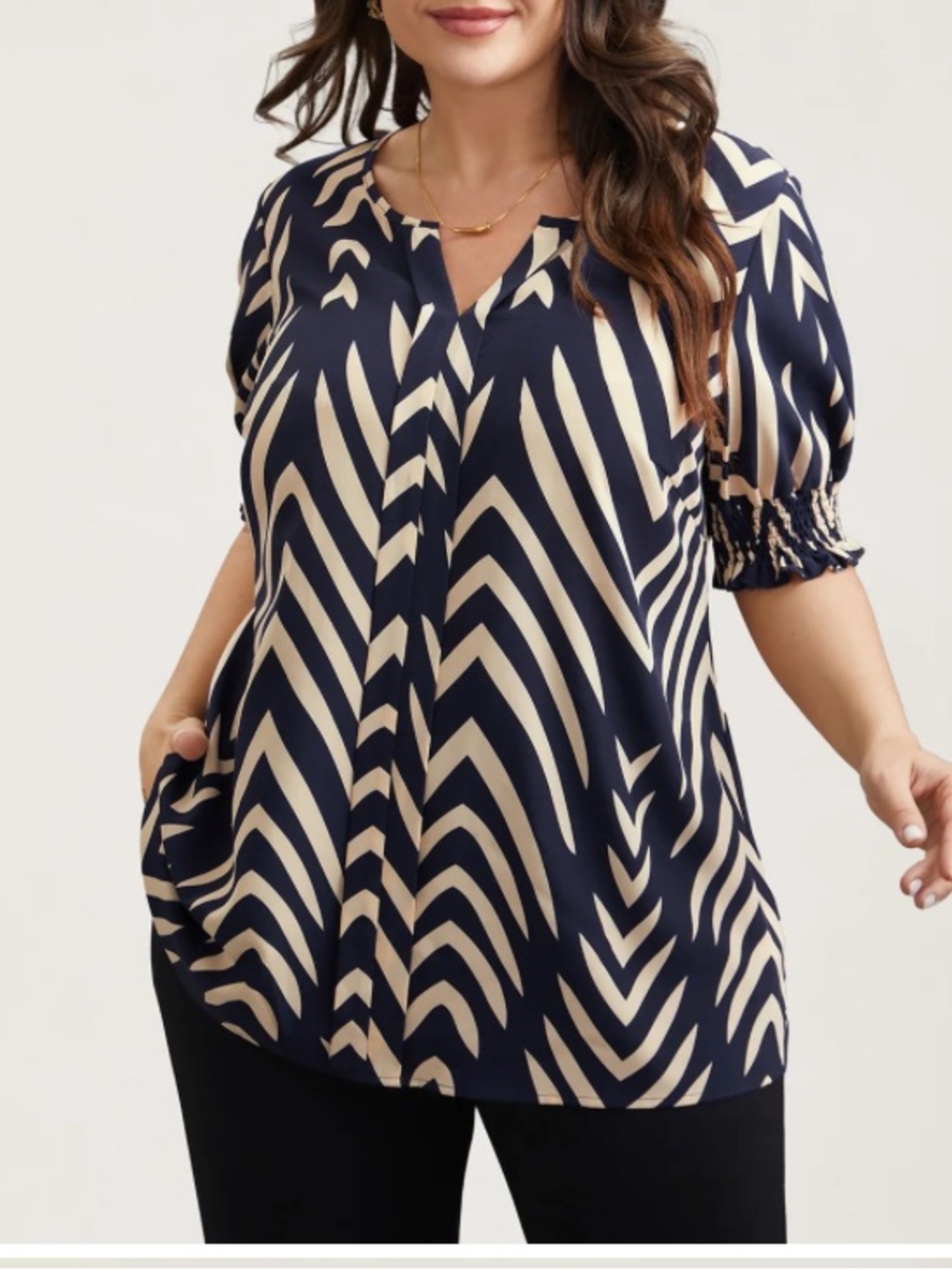 BloomChic Geometric Print Ruffled Shirred Tunic Blouse